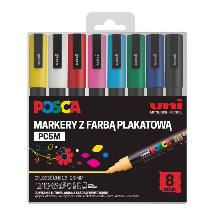 Marker UNI Posca PC-5M z farbą plakatową mix kolorów 8szt.