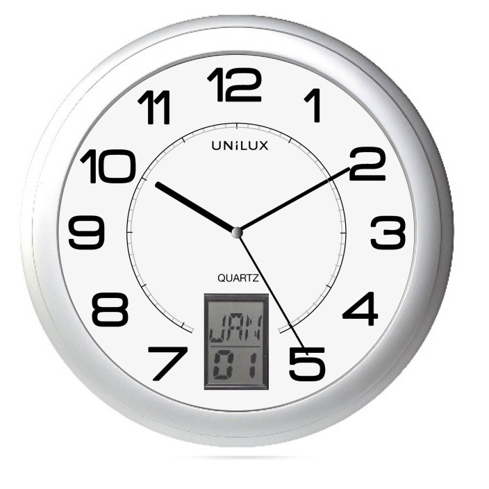 Zegar srebrny Unilux Instinct 30,5cm z numerycznym datownikiem